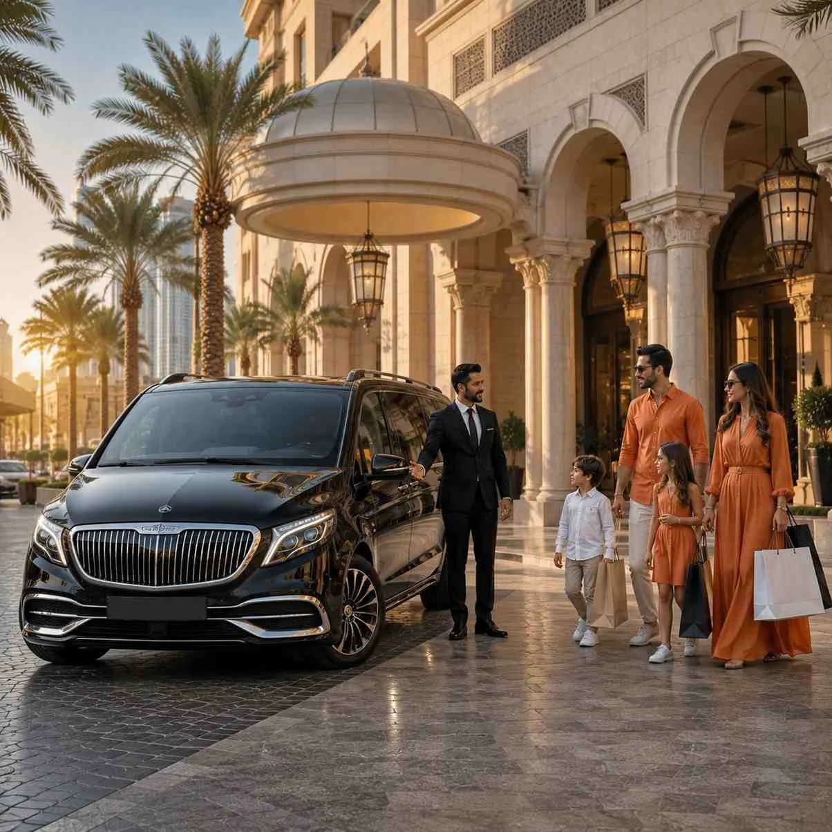 A black Mercedes-Benz V-Class Maybach luxury van is parked outside a prestigious Dubai hotel from a front three-quarter angle. A professional chauffeur welcomes a stylish family of four dressed in coordinated orange outfits and carrying shopping bags in a golden-hour luxury hotel setting.