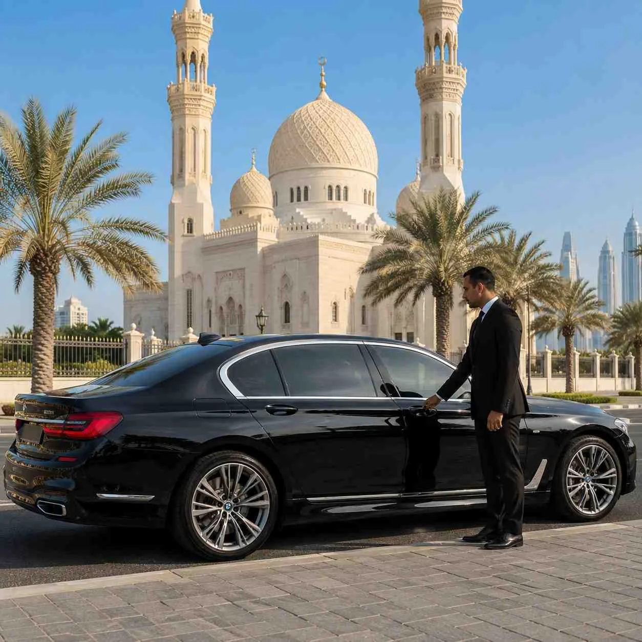 A black luxury sedan is parked in front of a grand white mosque with large domes and two tall minarets. A man in a black business suit stands beside the rear passenger door, appearing to open it. Palm trees line the foreground, and modern skyscrapers rise in the distance under a clear blue sky.