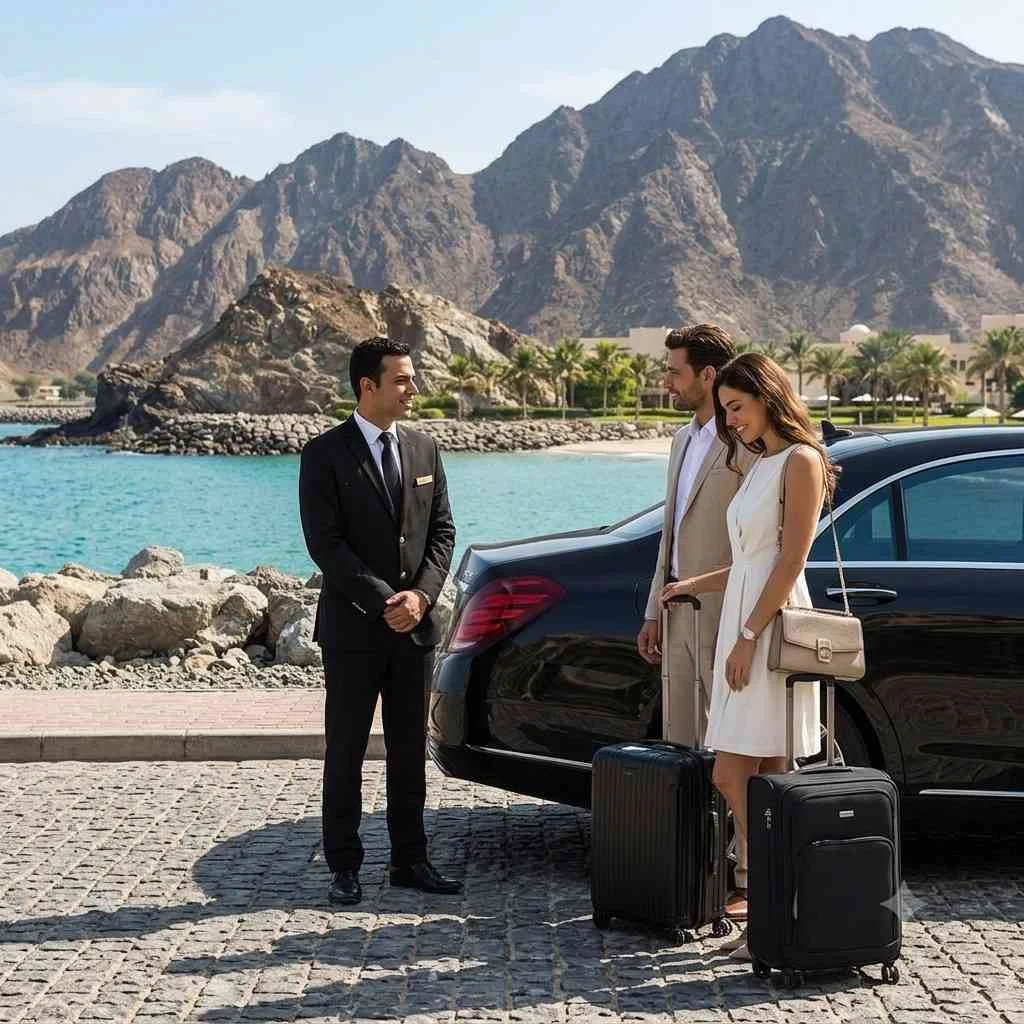 A smartly dressed male valet in a black suit with a name tag welcomes a man in a beige suit and a woman in a white dress, who stand with their luggage next to a black luxury car. The scene takes place on a paved courtyard next to a stunning blue cove with large rock formations, overlooked by arid mountains and a palm-fringed hotel.