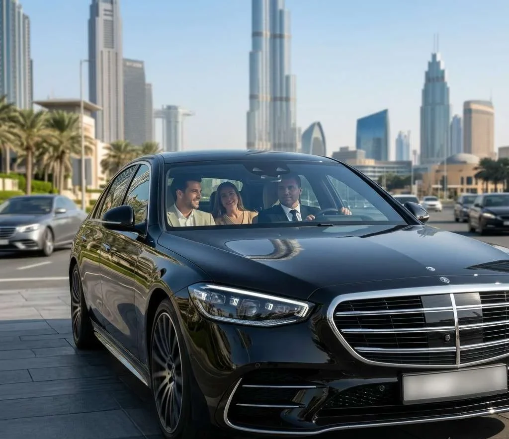 Luxury black Mercedes-Benz S-Class with a professional chauffeur driving two passengers through Downtown Dubai, featuring the Burj Khalifa skyline and premium executive car with driver service.