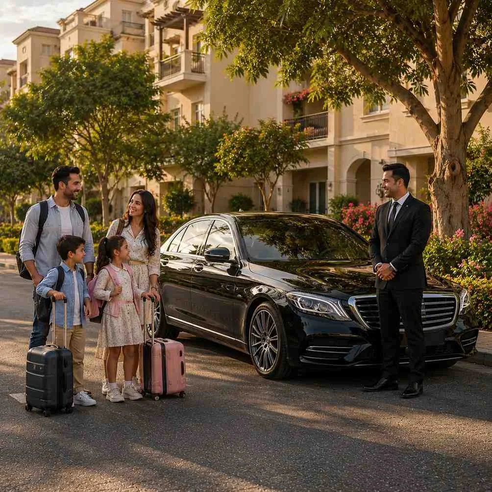 Luxury Mercedes-Benz S-Class chauffeur service in Discovery Gardens Dubai with a professional driver and a family carrying travel luggage and children's backpacks outside a residential apartment.