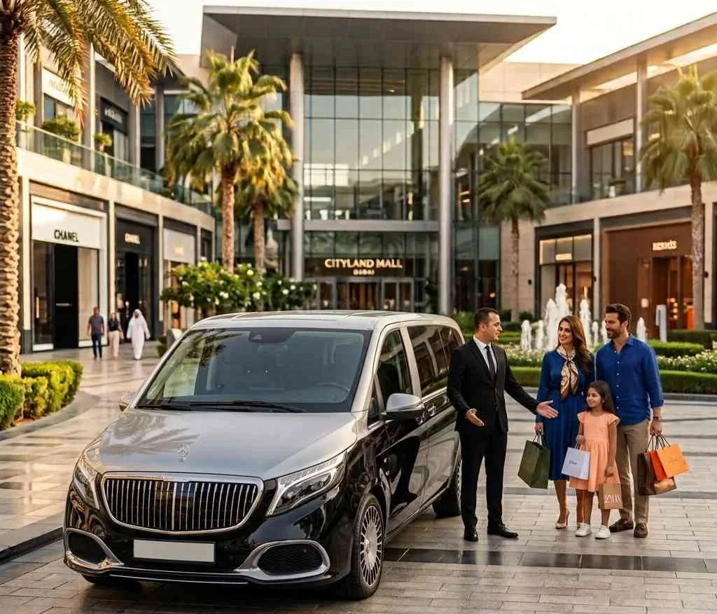 Luxury Mercedes-Benz V-Class Maybach with a professional chauffeur welcoming a family outside Cityland Mall Dubai, providing premium car with driver service for shopping transfers.