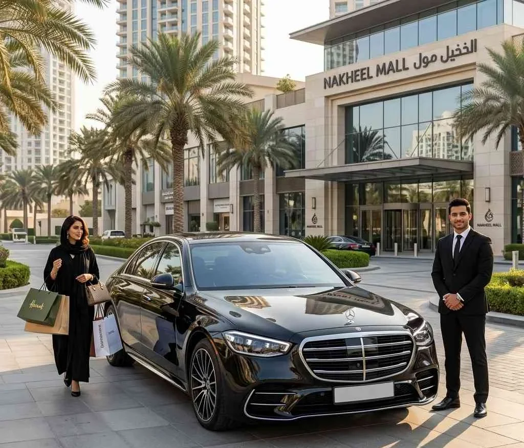 Luxury black Mercedes-Benz S-Class with a professional chauffeur outside Nakheel Mall, Palm Jumeirah, Dubai, providing premium car with driver service for shopping and executive transportation.