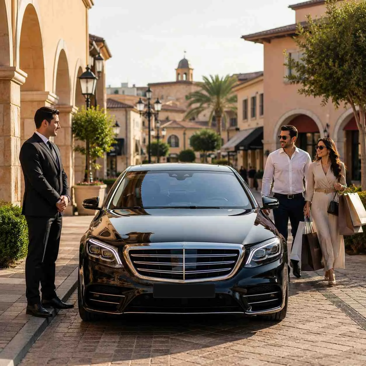 Luxury black Mercedes-Benz S-Class with a professional chauffeur outside The Outlet Village, Jebel Ali, Dubai, welcoming a couple carrying shopping bags for a premium chauffeur service.