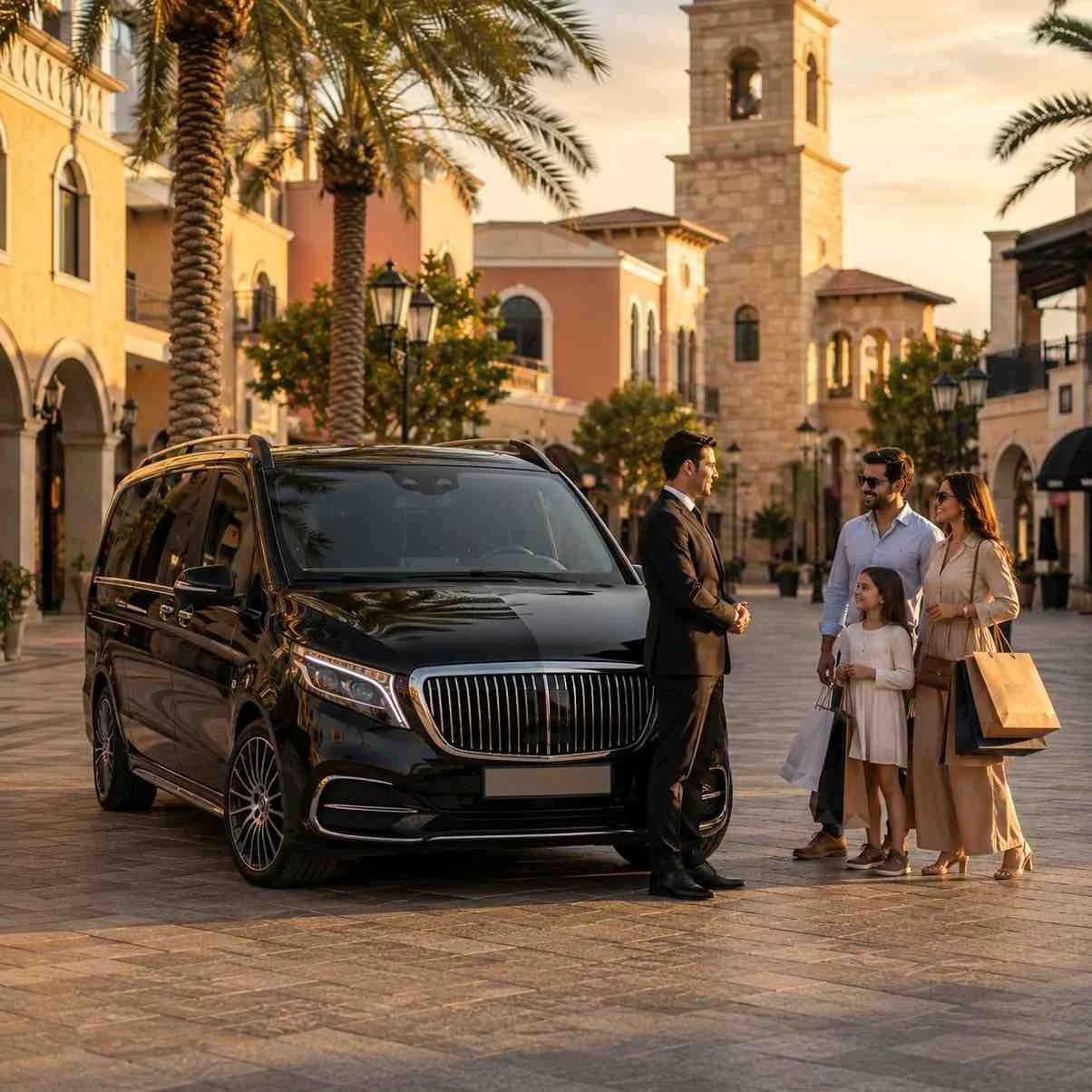 Luxury black Mercedes-Benz V-Class Maybach with a professional chauffeur outside The Outlet Village, Jebel Ali, Dubai, welcoming a family carrying shopping bags for a premium chauffeur service.
