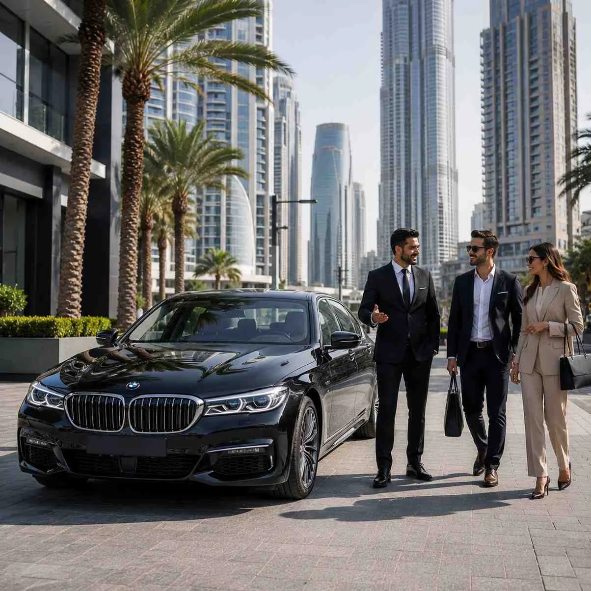 A black BMW 5 Series executive sedan is parked on a palm-lined boulevard in Downtown Dubai from a front three-quarter angle. A professional chauffeur stands beside the vehicle while two business executives prepare for a corporate journey, surrounded by modern skyscrapers in bright daylight.