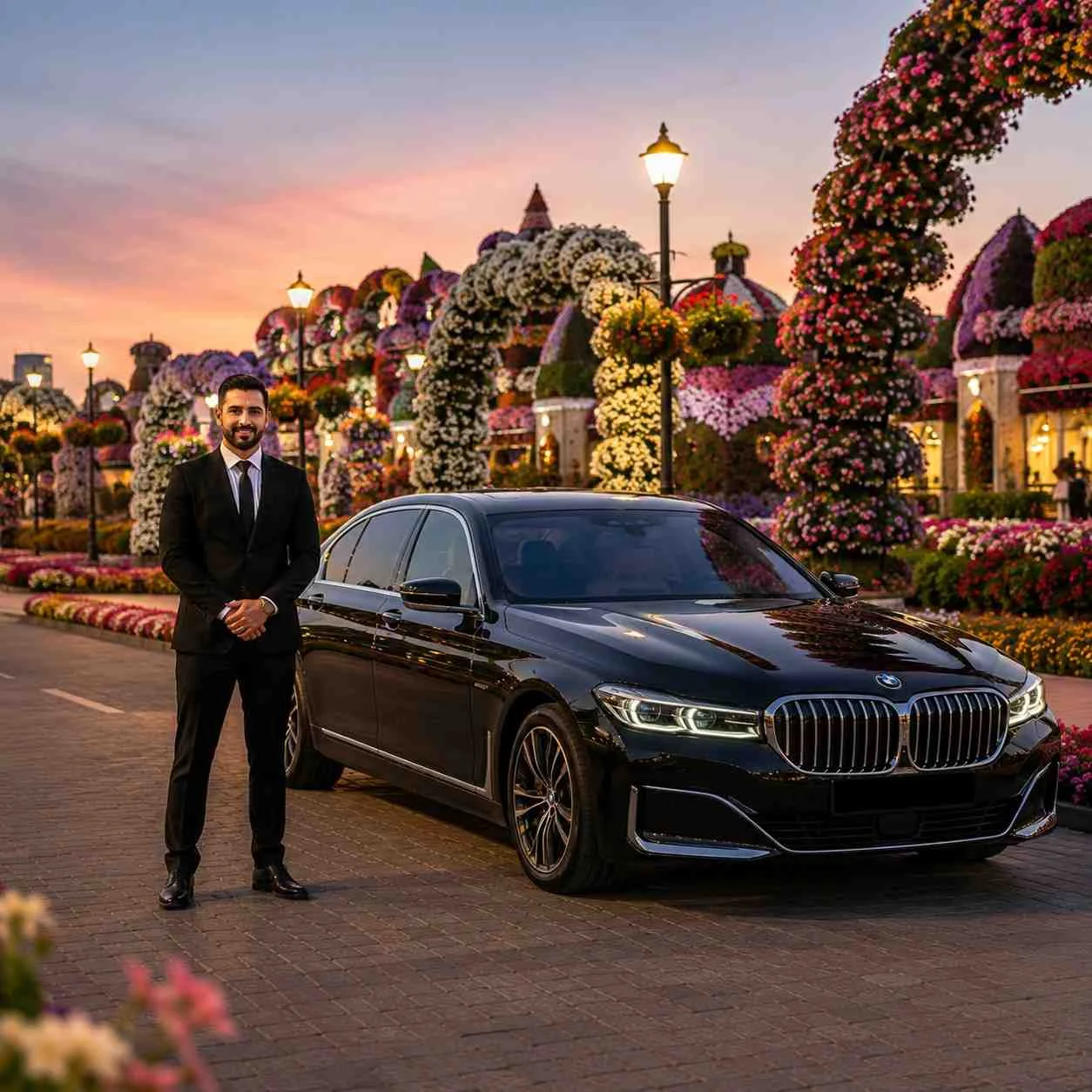 Luxury chauffeur service at Dubai Miracle Garden featuring a polished black BMW 7 Series parked beside a scenic floral boulevard with a professional chauffeur standing beside the sedan at sunset.