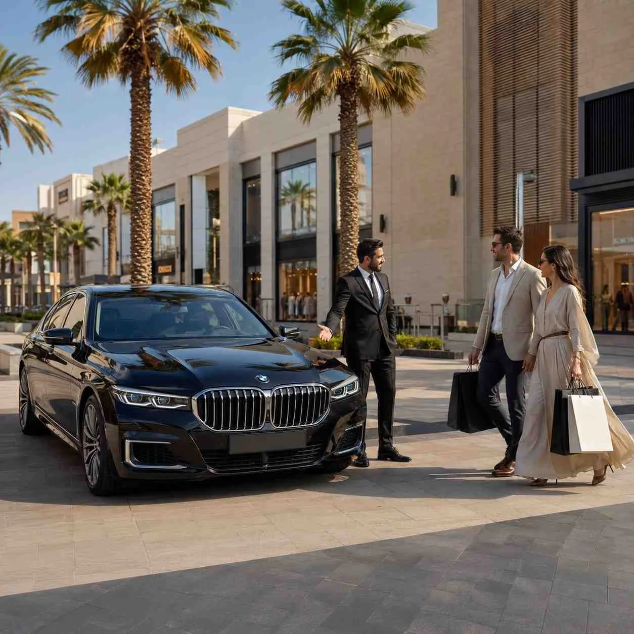 A premium black BMW 7 Series executive sedan is parked outside Dubai Outlet Mall with all doors closed. A professional chauffeur in a black business suit welcomes an elegantly dressed couple carrying shopping bags in a bright, luxury shopping environment with palm trees and the modern mall façade in the background.