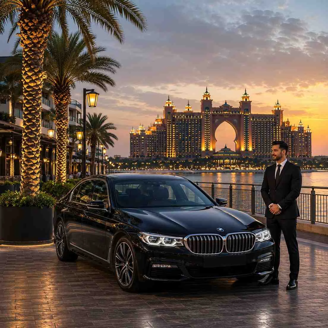 Premium chauffeur service at The Pointe Palm Jumeirah featuring a black BMW 7 Series, professional chauffeur, and Atlantis The Palm across the waterfront at sunset.