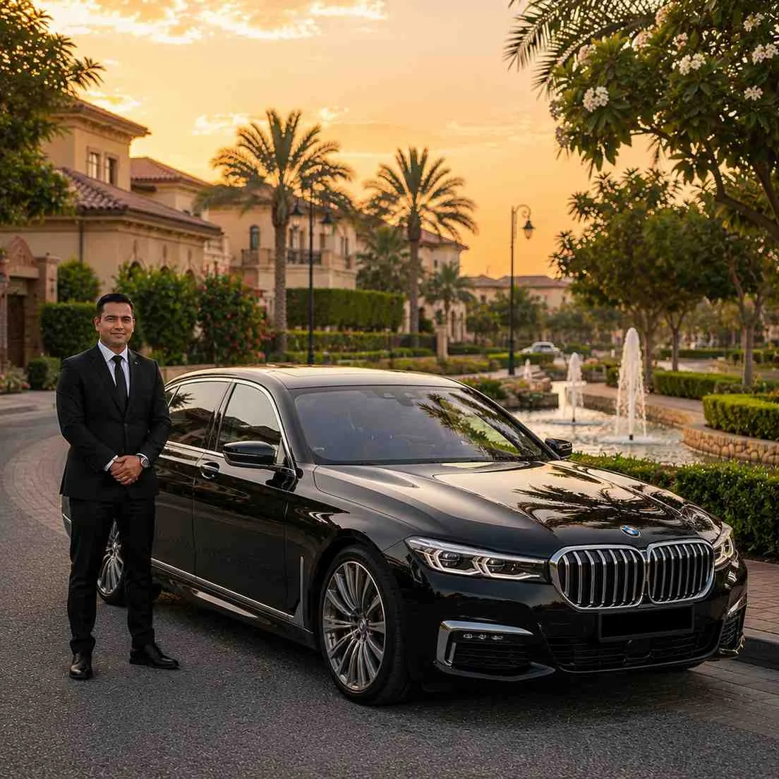 Professional chauffeur standing beside a black BMW 7 Series on a landscaped boulevard in Arabian Ranches Dubai with luxury villas, palm trees, and decorative fountains at sunset.