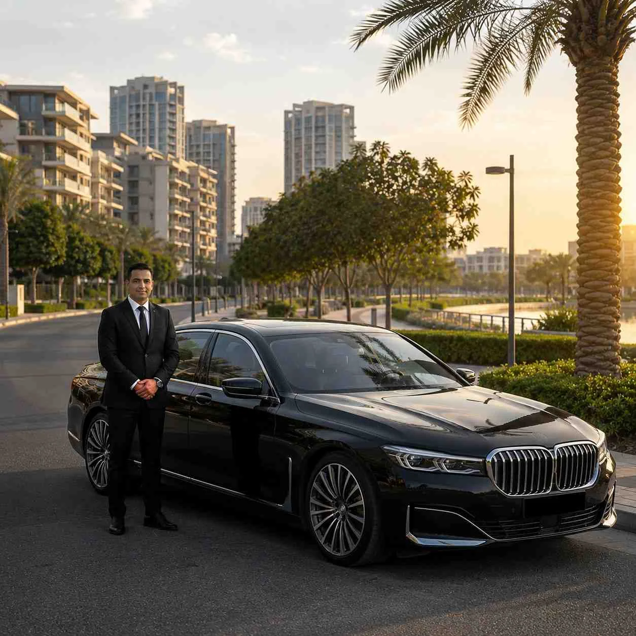 Professional chauffeur standing beside a black BMW 7 Series on a scenic boulevard in Dubai Hills Estate with luxury residences and landscaped surroundings at sunset.