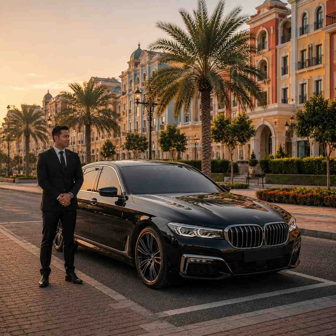 Professional chauffeur standing beside a black BMW 7 Series on a landscaped boulevard in International City Dubai with modern residential buildings and palm-lined streets.