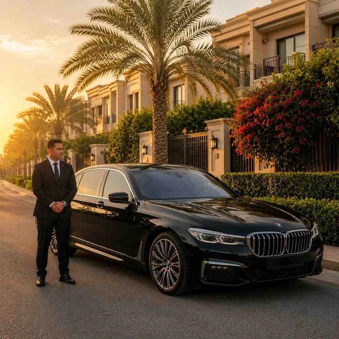 Professional chauffeur standing beside a black BMW 7 Series on a landscaped avenue in Mirdif Dubai with luxury villas, flowering gardens, and palm-lined streets at sunset.