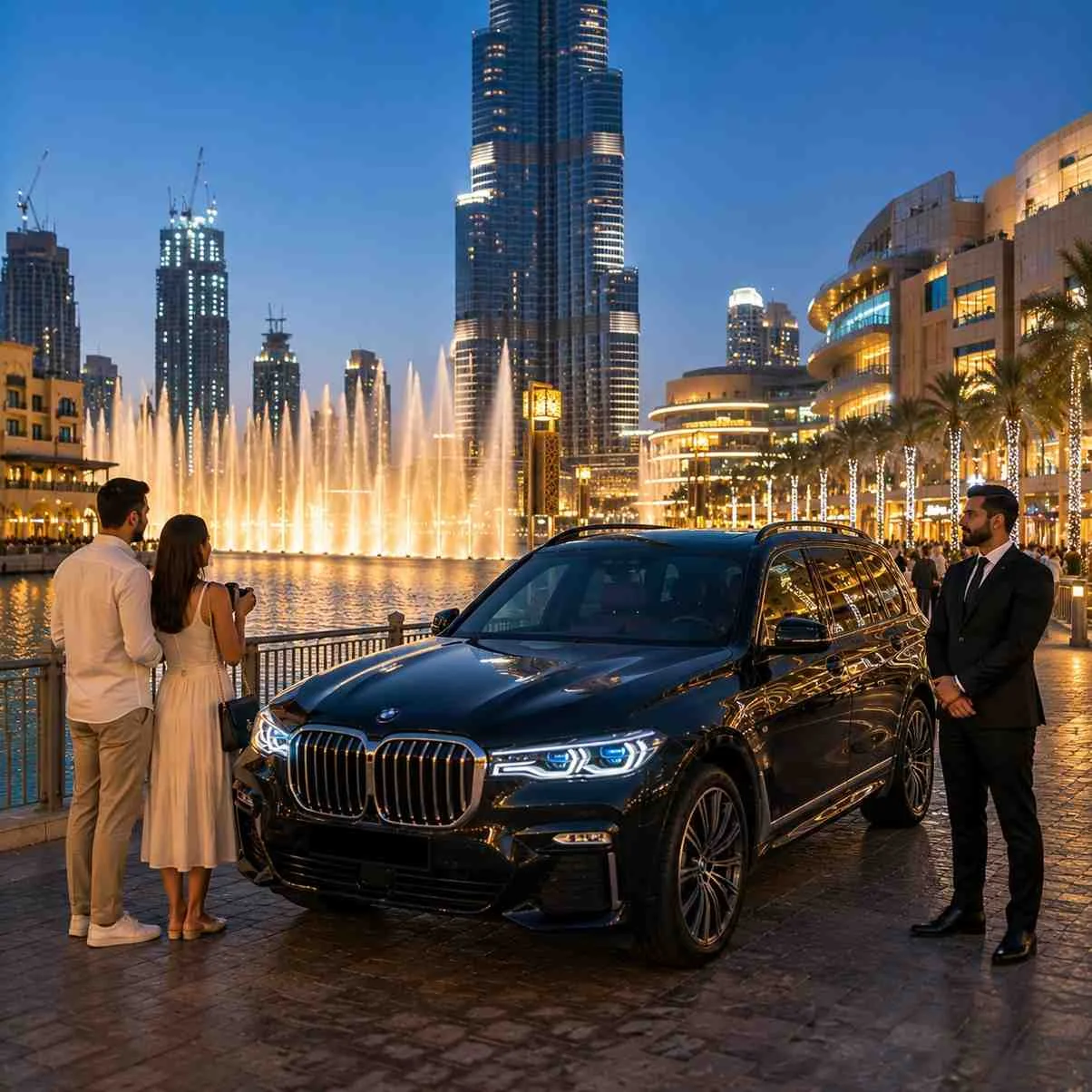 Luxury BMW X7 Car with Driver at Dubai Fountain featuring an elegant couple, a professional chauffeur, the illuminated Burj Khalifa, and the Dubai Fountain show at dusk.