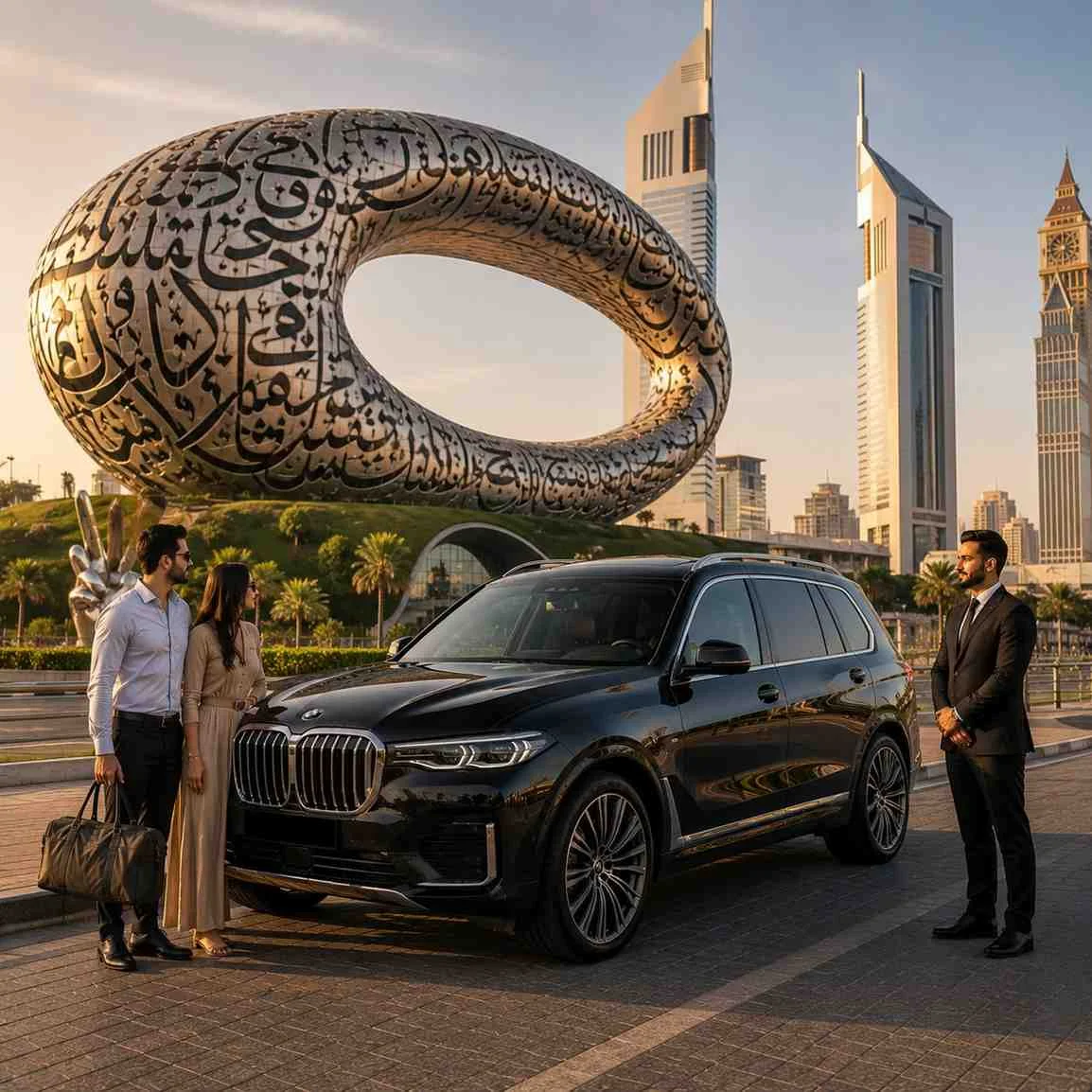 Luxury Car with Driver to the Museum of the Future in Dubai featuring a black BMW X7, an elegant couple, and a professional chauffeur outside the iconic futuristic landmark.