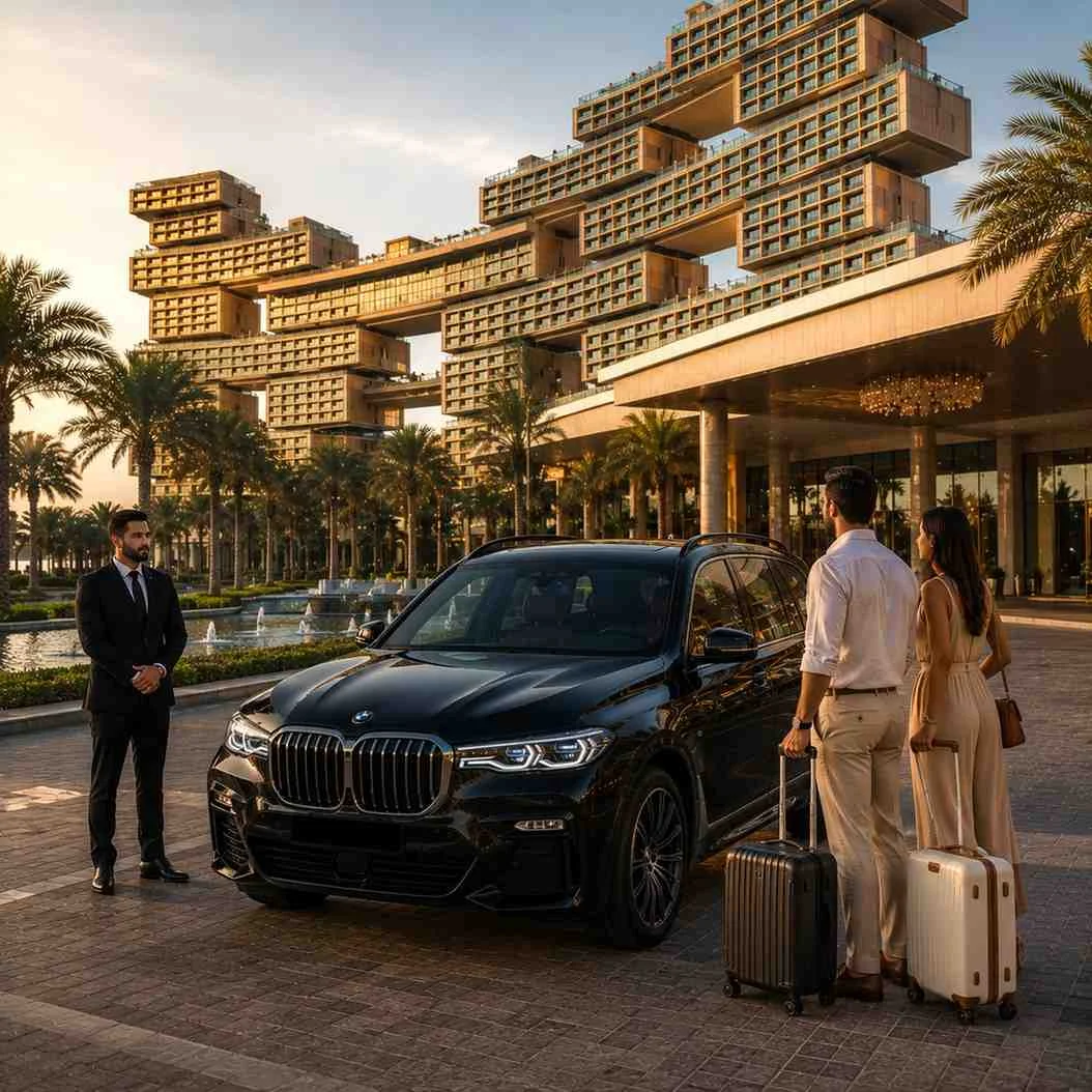 Luxury BMW X7 chauffeur service at Atlantis The Royal Dubai with an elegant couple, premium luggage, and a professional chauffeur at the Palm Jumeirah resort entrance.