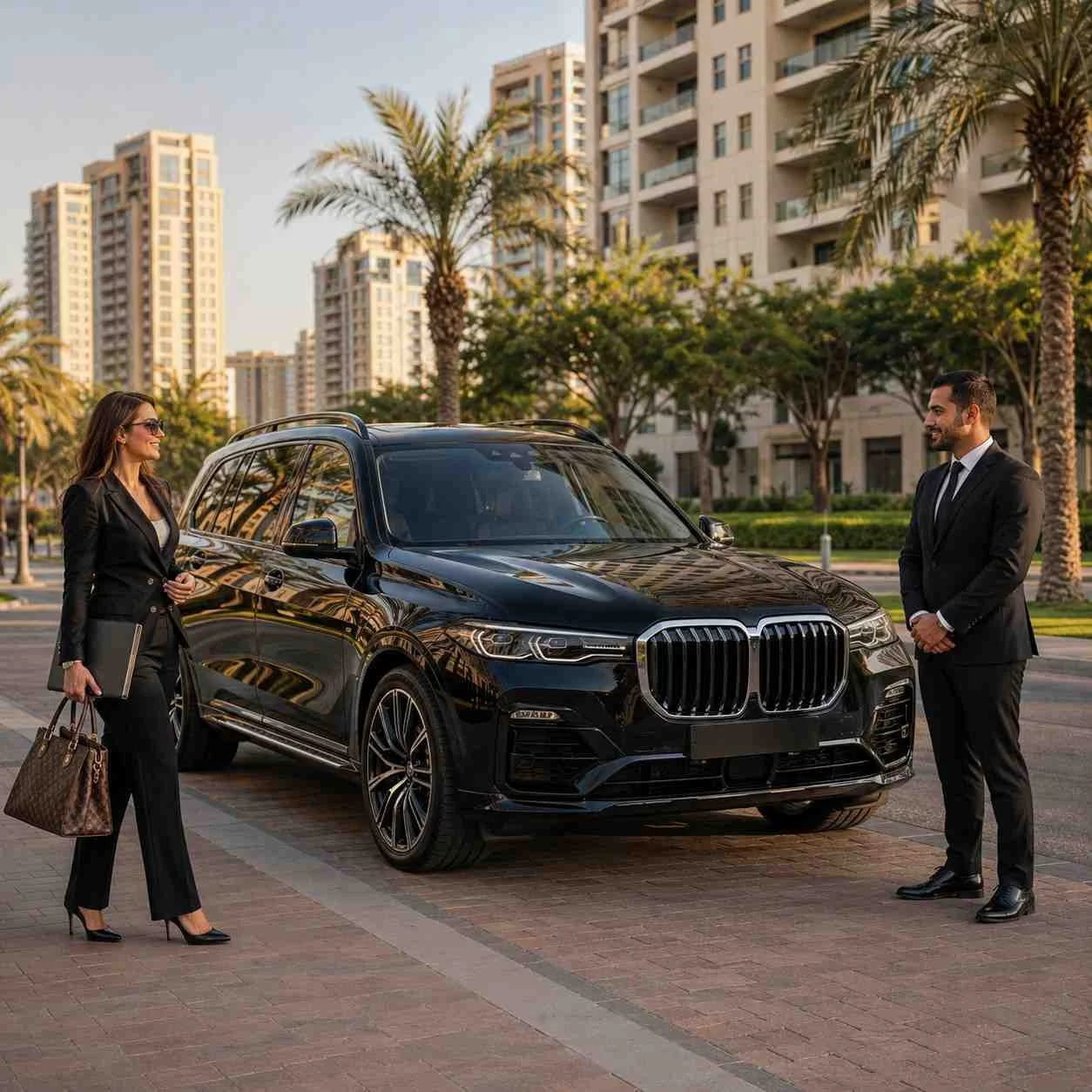 Luxury black BMW X7 with a professional chauffeur and businesswoman in Al Nahda Dubai beside modern residential towers.