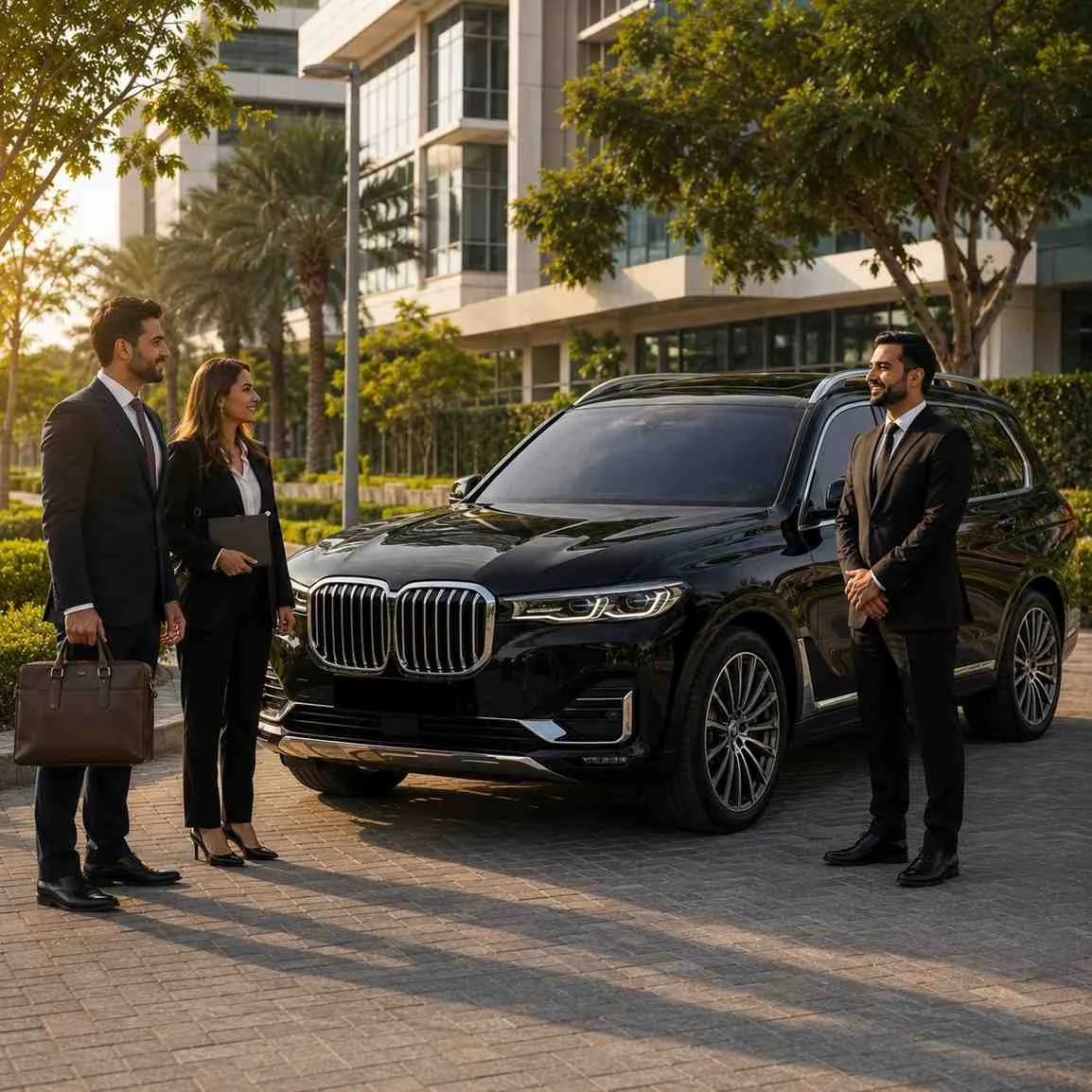 Luxury black BMW X7 with a professional chauffeur welcoming two business professionals outside a modern corporate campus in Dubai Investment Park (DIP) during golden hour.