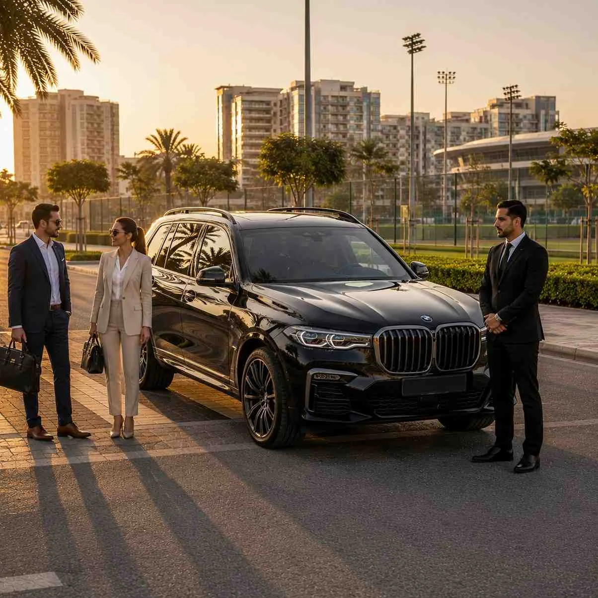 Premium car with driver in Dubai Sports City featuring a black BMW X7 and two business professionals