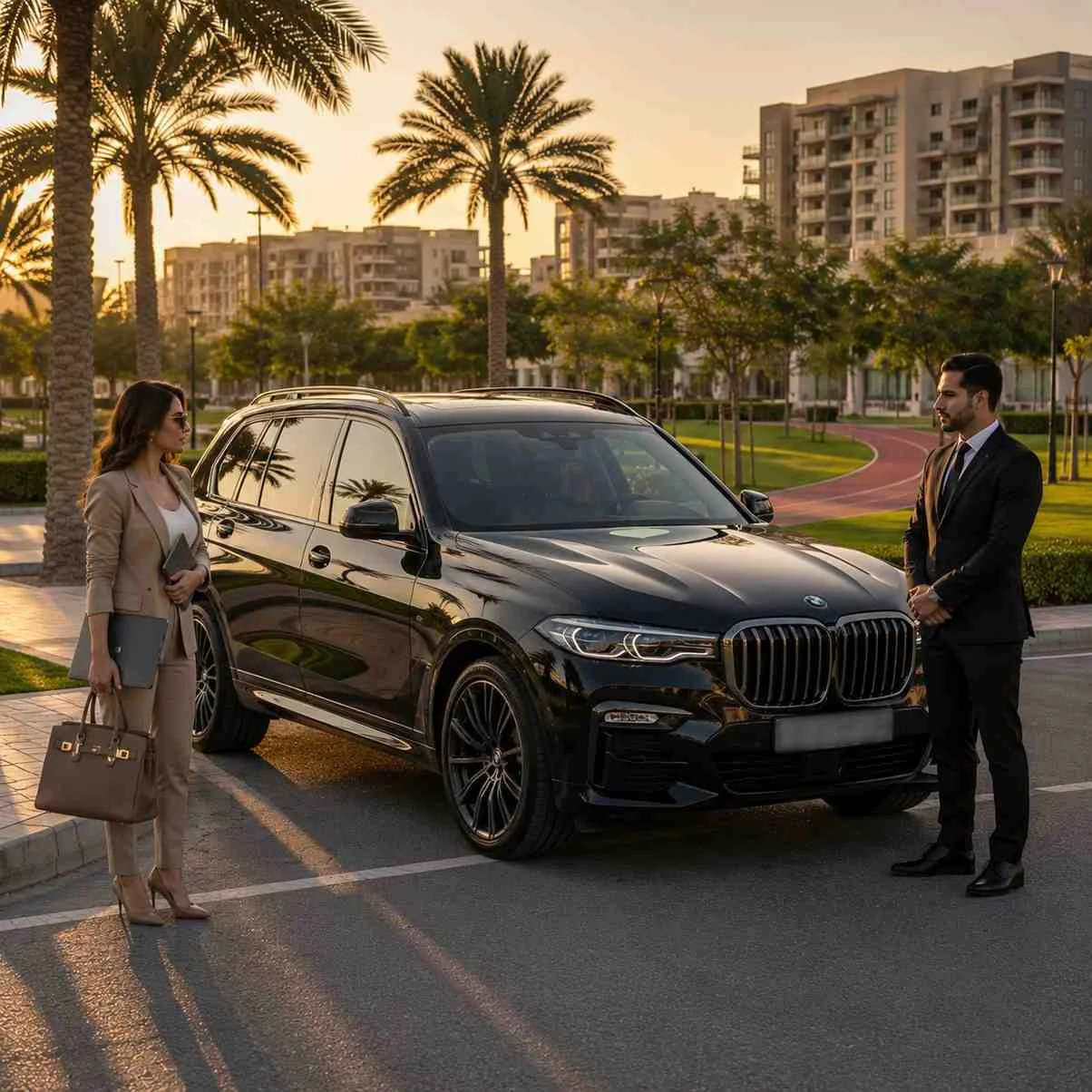 Premium car with driver in JVC Dubai featuring a black BMW X7, female executive passenger and chauffeur