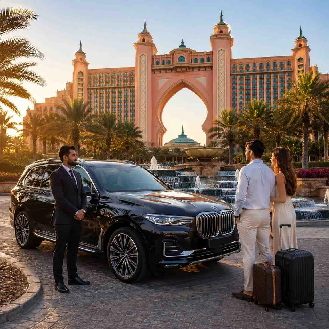 Premium car with driver to Atlantis The Palm Dubai featuring a black BMW X7, professional chauffeur, and couple with luggage at the resort entrance.