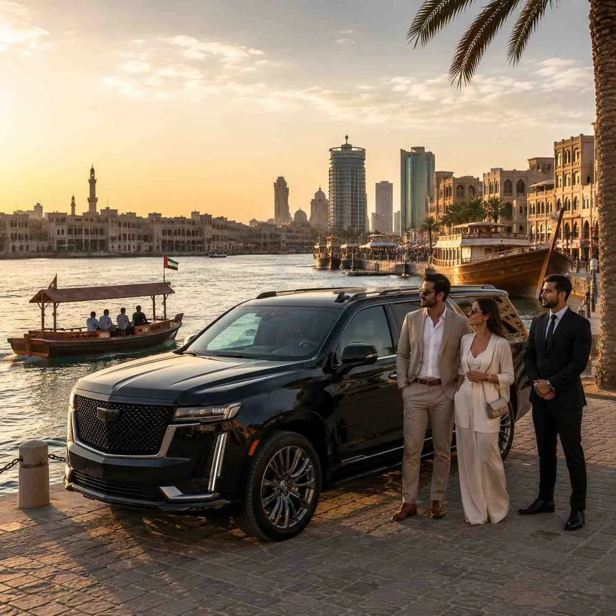 Premium car with driver to Dubai Creek featuring a black Cadillac Escalade, professional chauffeur, and couple enjoying the historic waterfront in Old Dubai.