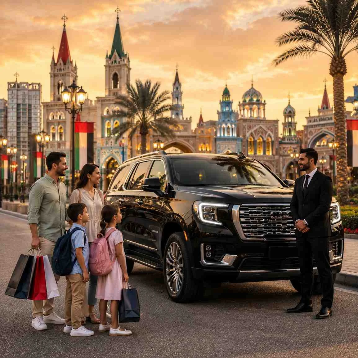 Premium car with driver to Global Village Dubai featuring a black GMC Yukon Denali, professional chauffeur, and family arriving at the multicultural attraction.