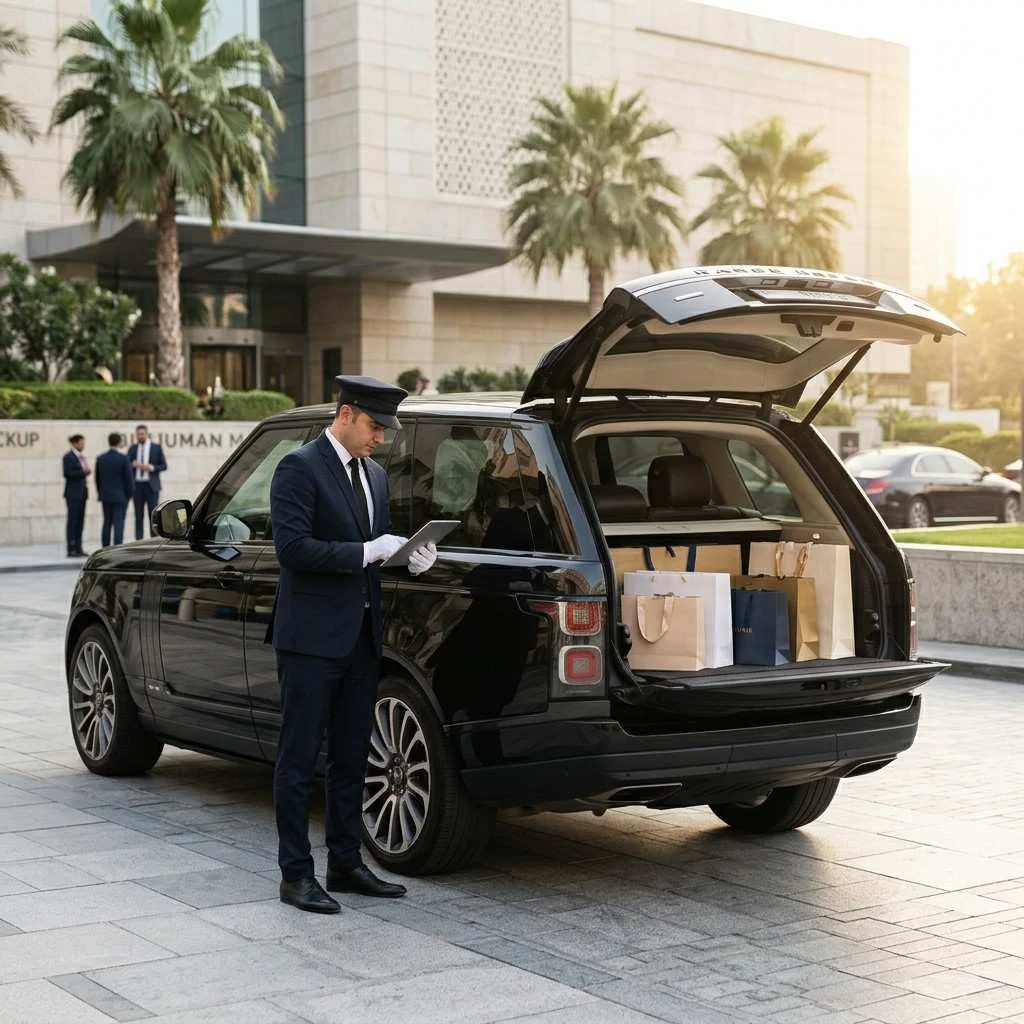 A 1:1 square crop of a luxury commercial photograph featuring a black Range Rover SUV with its trunk open, parked in the VIP pickup zone at BurJuman in Dubai. A professional chauffeur in a black suit and cap stands next to the vehicle checking a tablet, while high-end paper shopping bags are neatly arranged in the cargo area during golden hour.