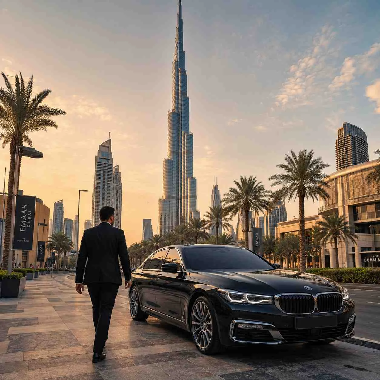 Premium chauffeur service at Burj Khalifa Dubai with a black BMW 7 Series and professional chauffeur walking toward the luxury sedan on Sheikh Mohammed Bin Rashid Boulevard.