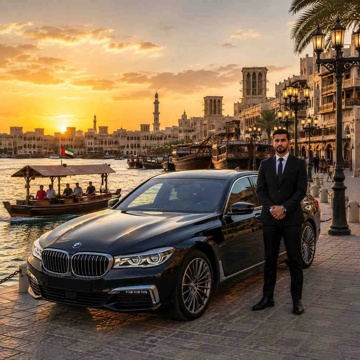 Premium chauffeur service at Dubai Creek with a black BMW 7 Series and professional chauffeur beside the historic waterfront promenade in Old Dubai.