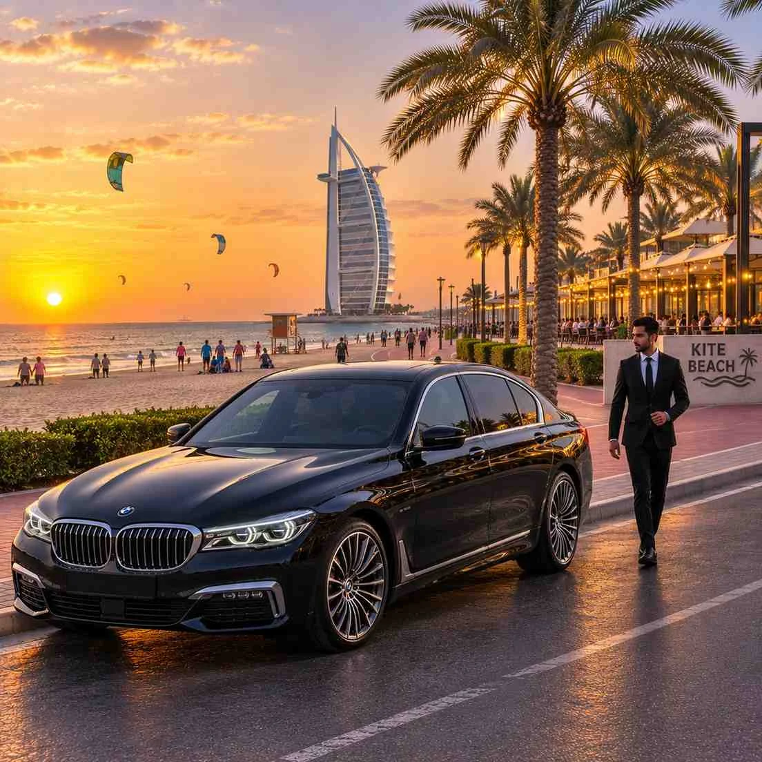 Premium chauffeur service at Kite Beach Dubai with a black BMW 7 Series, professional chauffeur, beachfront promenade, and Burj Al Arab at sunset.