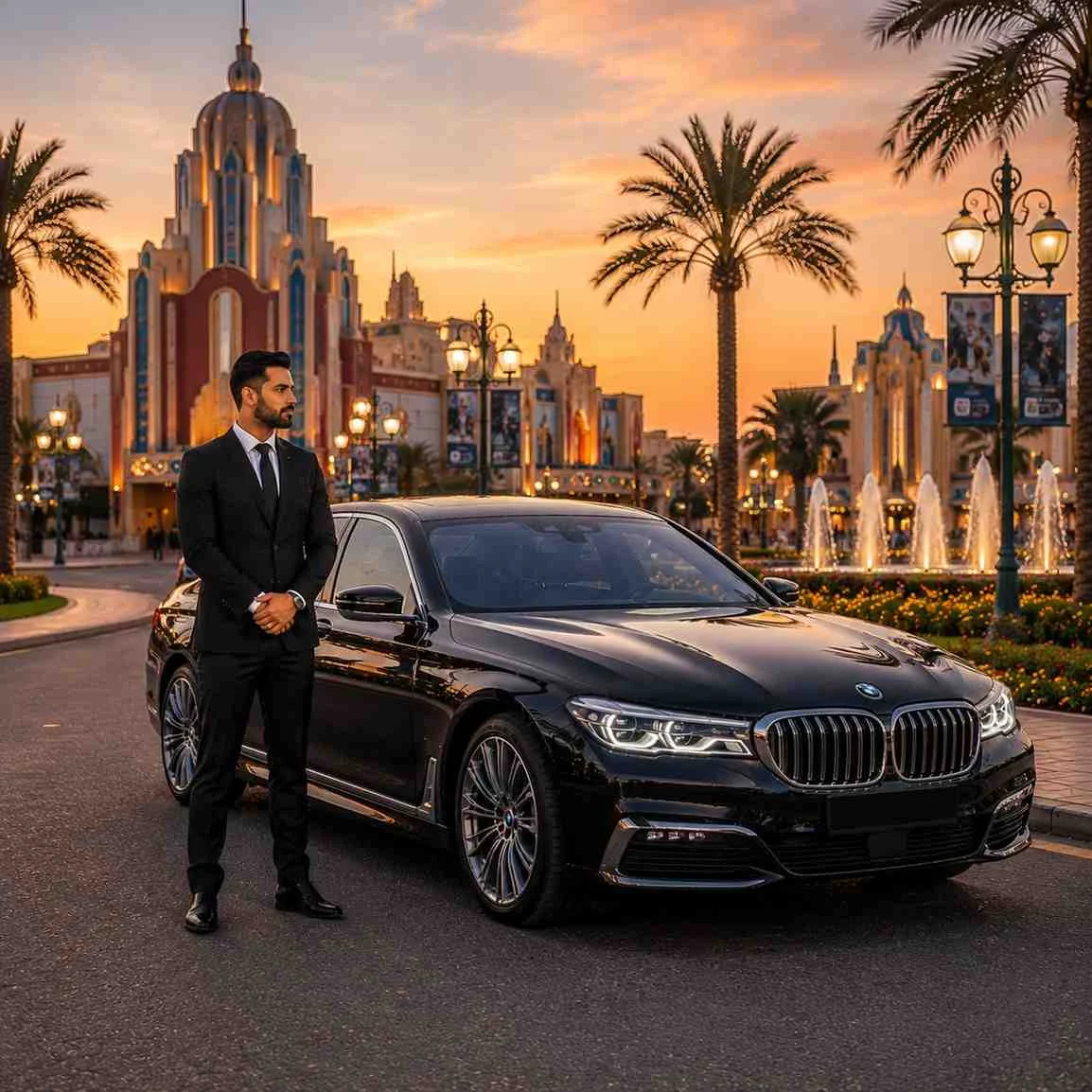 Luxury BMW chauffeur service with professional driver standing beside black sedan at Motiongate Dubai entrance during sunset