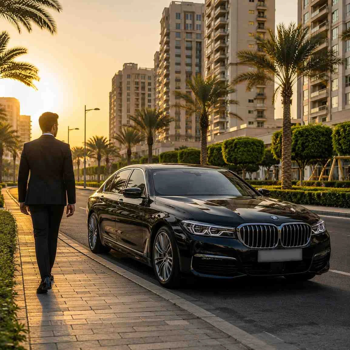 Premium chauffeur service in Al Nahda Dubai with a black BMW 7 Series on a palm-lined residential boulevard