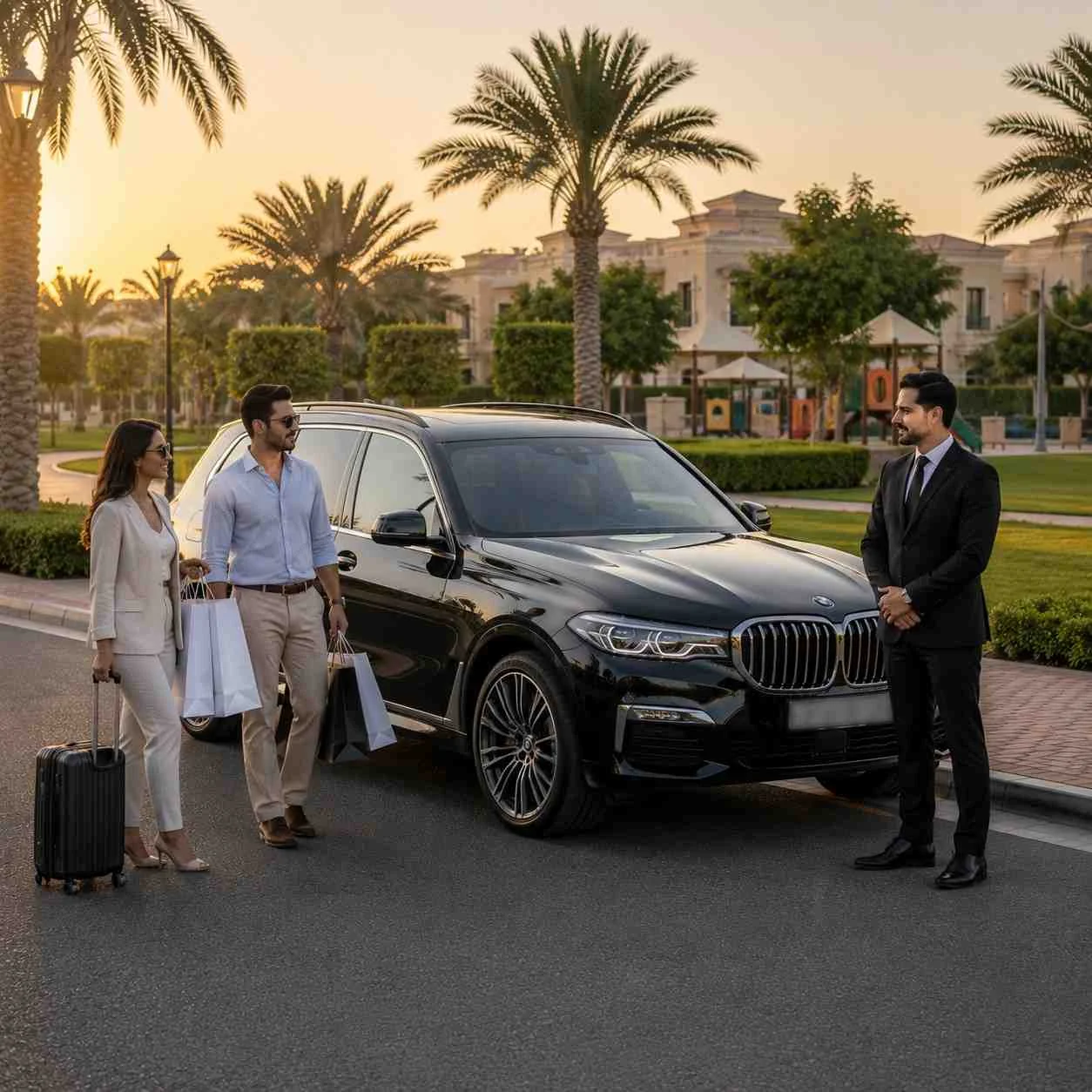 Premium chauffeur service in JVT Dubai with a black BMW X7, elegant couple, shopping bags and luggage