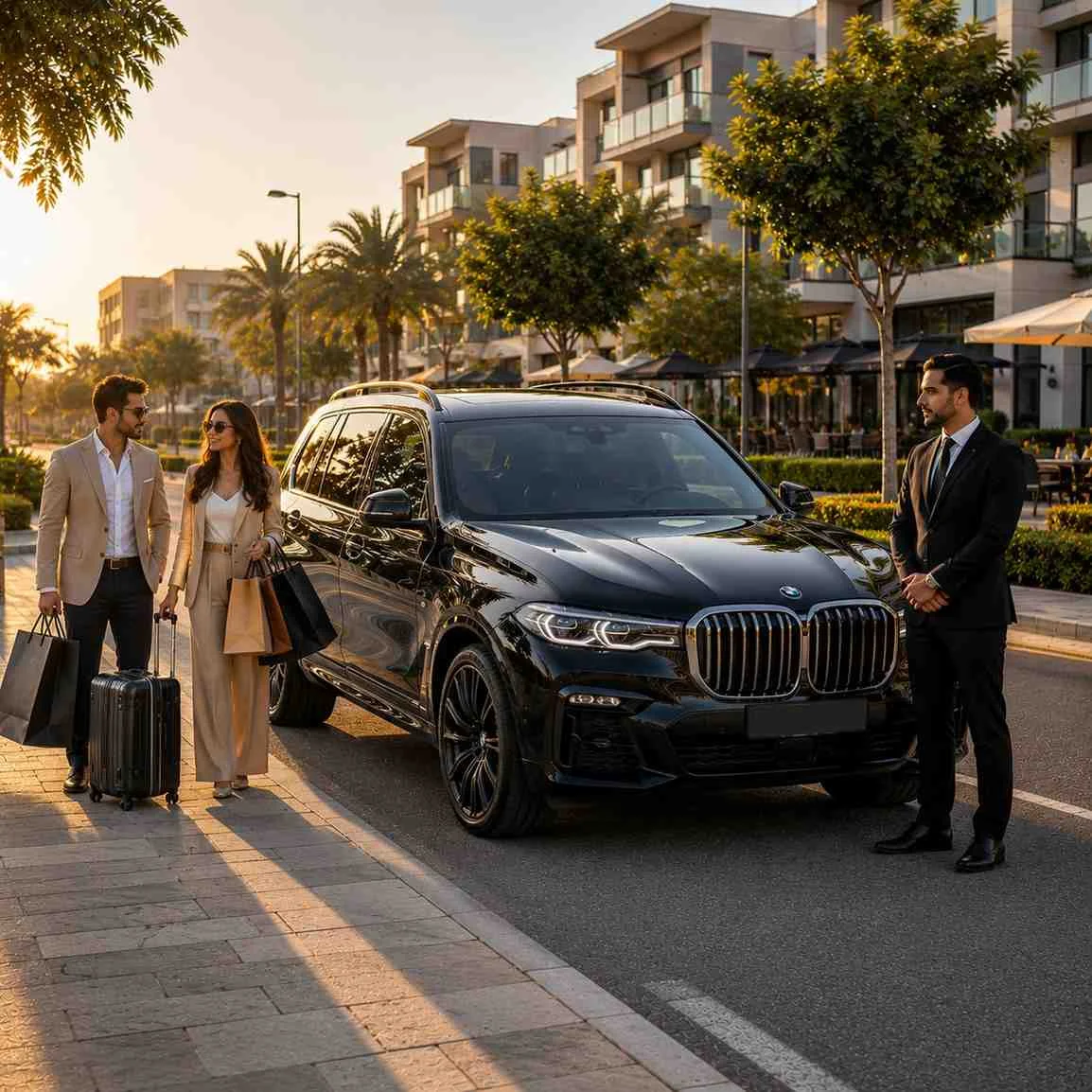 Premium chauffeur service in Motor City Dubai with a black BMW X7, elegant couple and luggage