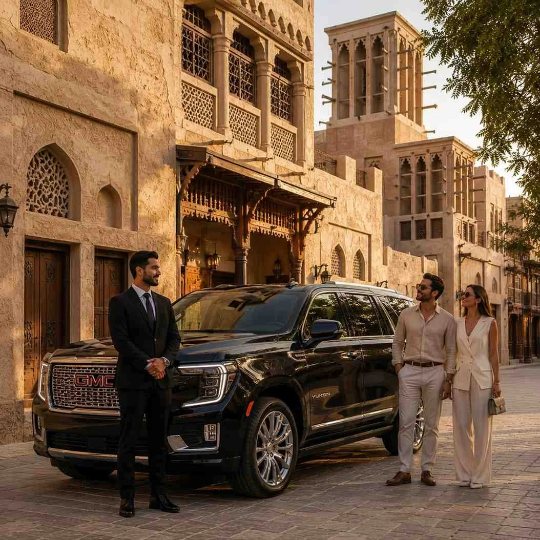 Premium chauffeur service to Al Fahidi Dubai with a black GMC Yukon Denali, professional chauffeur, and travelers exploring the historic heritage district.