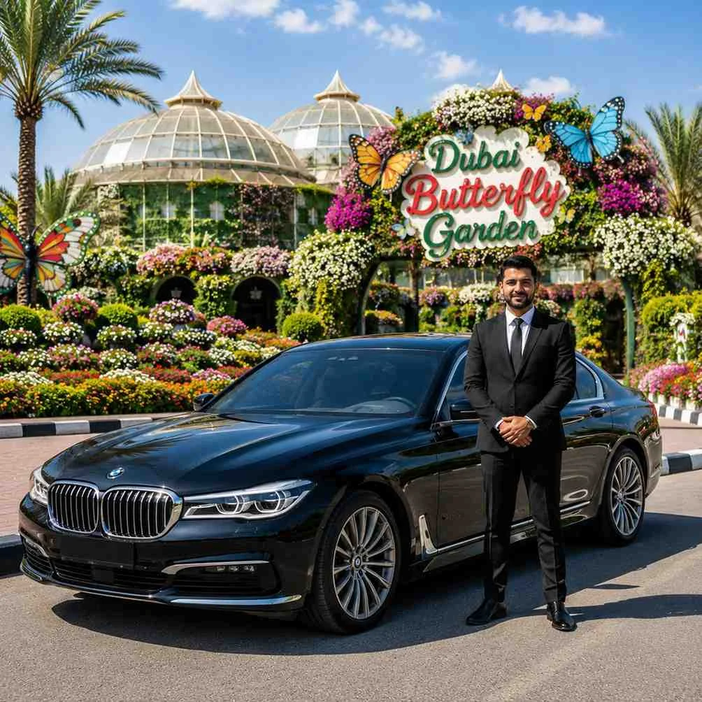 Professional chauffeur standing beside a luxury BMW 7 Series outside Dubai Butterfly Garden with colorful flower displays and garden domes in the background.