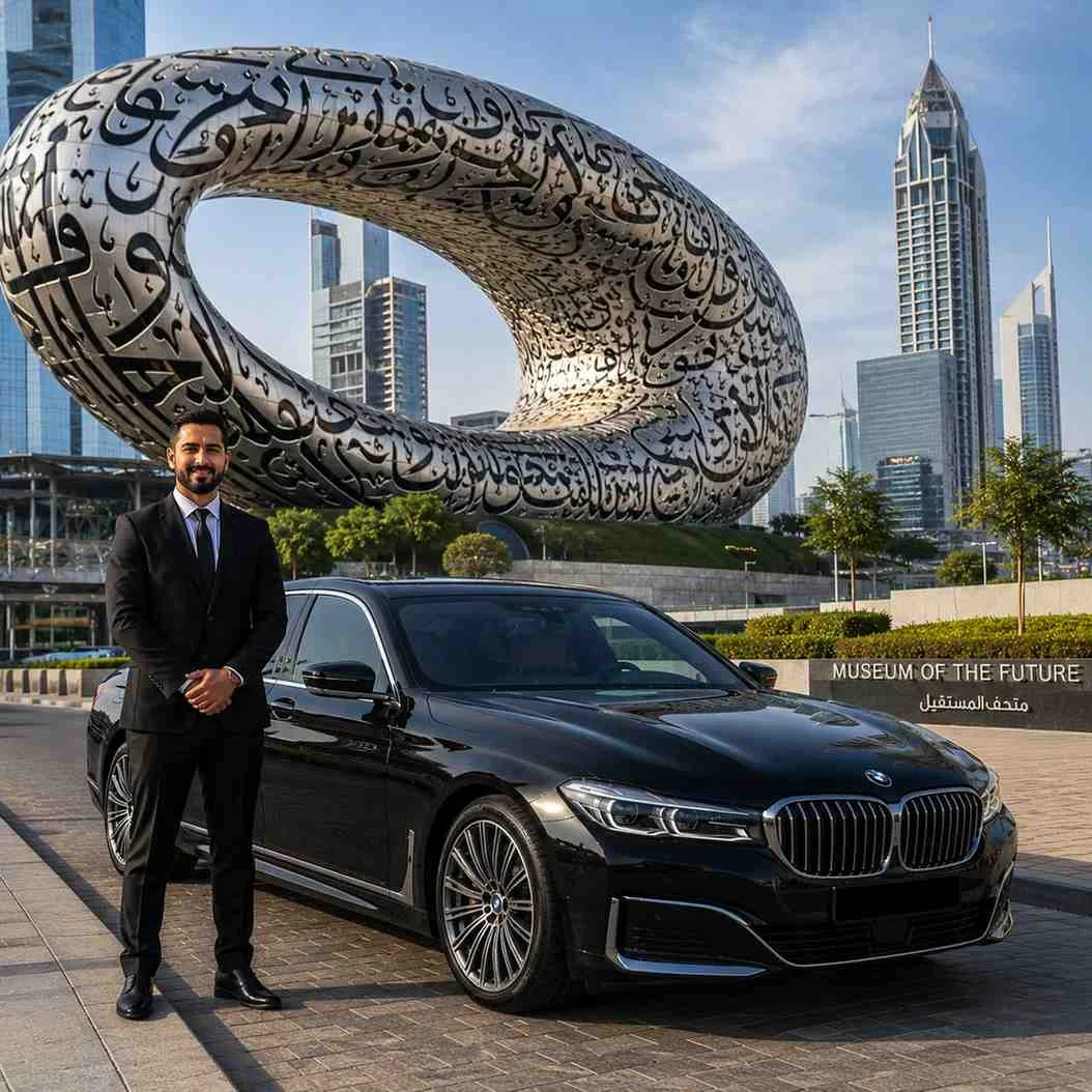 Professional chauffeur standing beside a black BMW 7 Series outside the Museum of the Future in Dubai with the iconic futuristic building in the background.