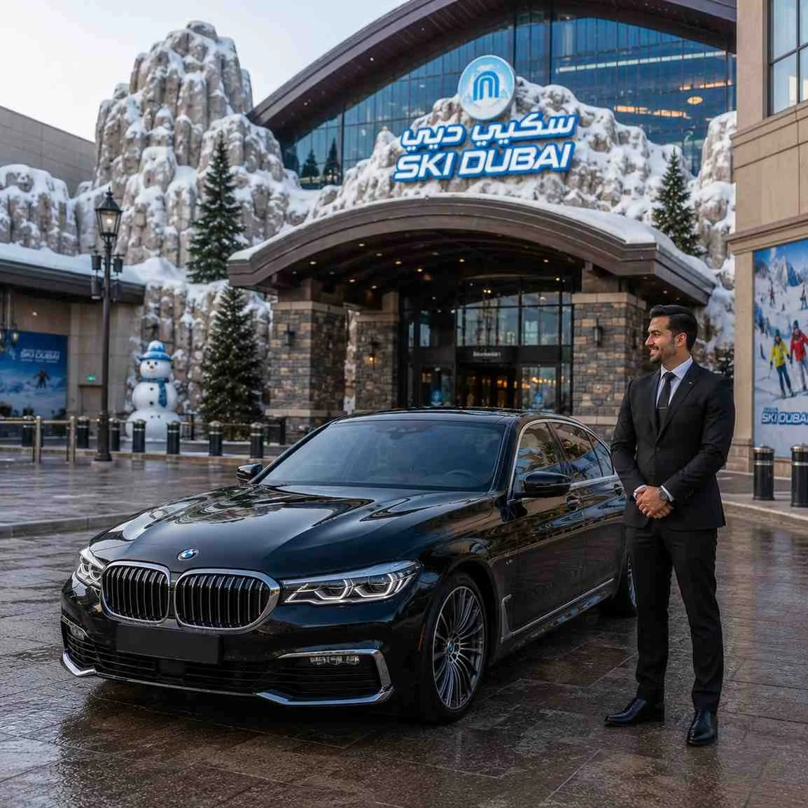 Professional chauffeur standing beside a luxury black BMW 7 Series outside Ski Dubai at Mall of the Emirates with no passengers.
