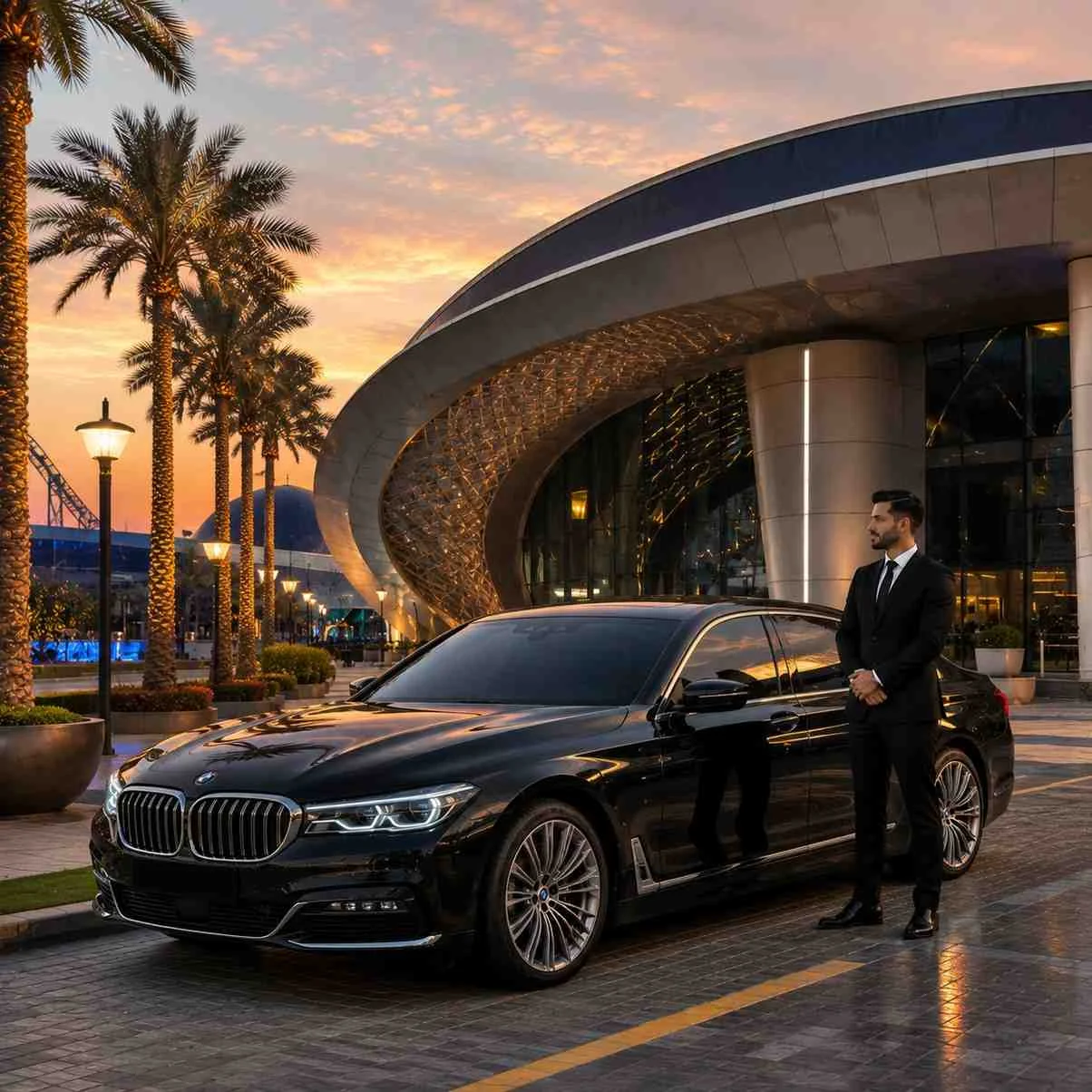 Premium chauffeur service outside a modern indoor entertainment park in Dubai with a luxury black executive sedan and a professional chauffeur at the VIP arrival area.