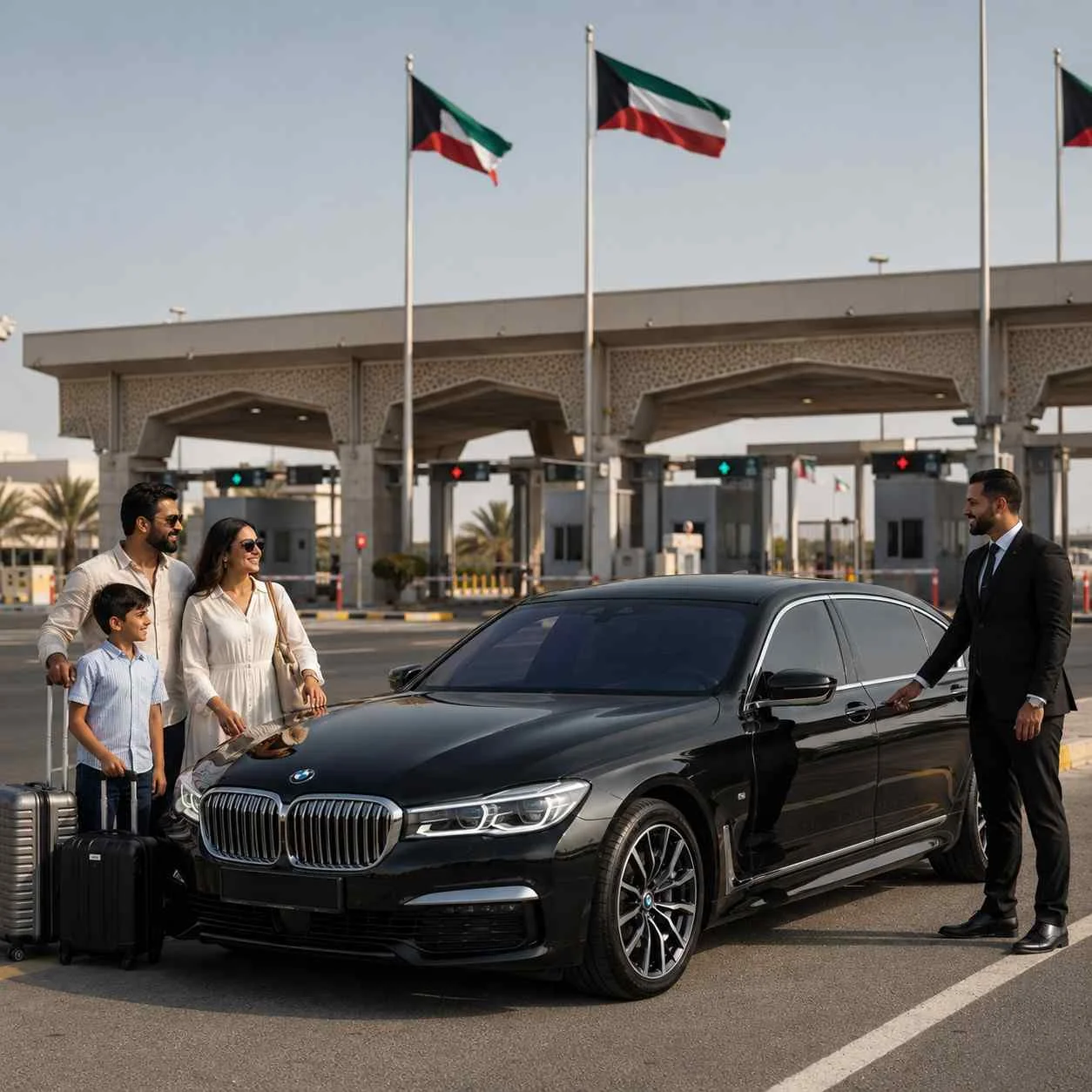 Professional cross-border chauffeur service at the Kuwait border featuring a black BMW 7 Series with concealed number plate, an elegantly dressed chauffeur greeting a happy family with luggage under a modern border checkpoint in natural daylight.