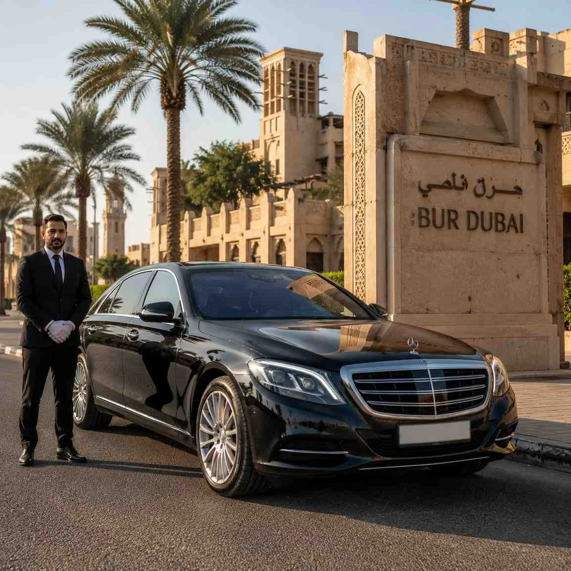 Luxury black Mercedes-Benz S-Class with a professional chauffeur standing beside the vehicle near the Bur Dubai heritage district sign, featuring traditional Emirati architecture and palm trees in Dubai.