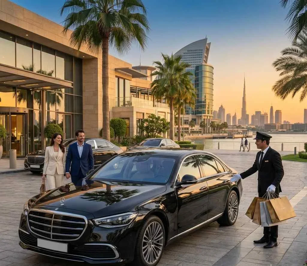 A smartly dressed chauffeur in a suit and white gloves opens a black luxury sedan door for an elegant couple outside a high-end Dubai hotel at sunset, holding premium gold and silver shopping bags.
