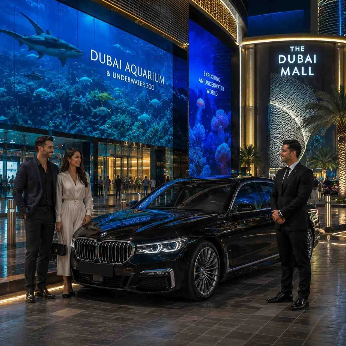 VIP BMW 7 Series car with driver outside Dubai Aquarium & Underwater Zoo at Dubai Mall, featuring a professional chauffeur welcoming an elegant couple beside the luxury sedan.