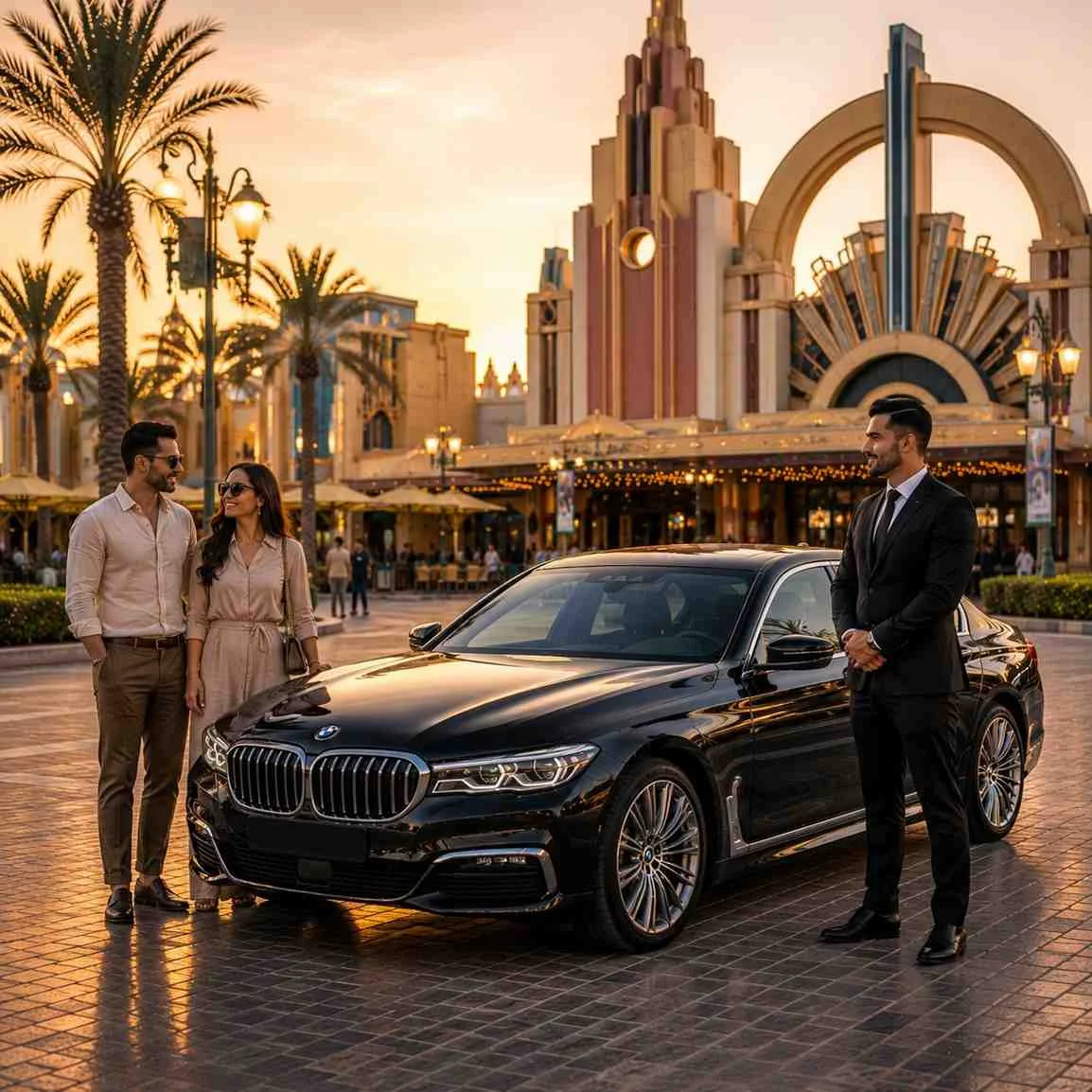 VIP chauffeur service to Motiongate Dubai with a luxury black BMW 7 Series, professional chauffeur, and an elegant couple at a Hollywood-inspired entertainment district.