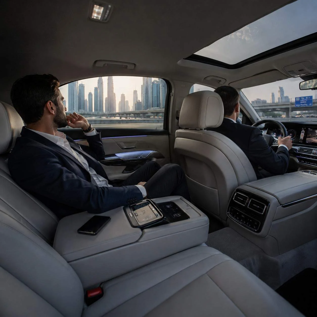 VIP business travel in Dubai, luxury chauffeur service in a Mercedes-Benz S-Class