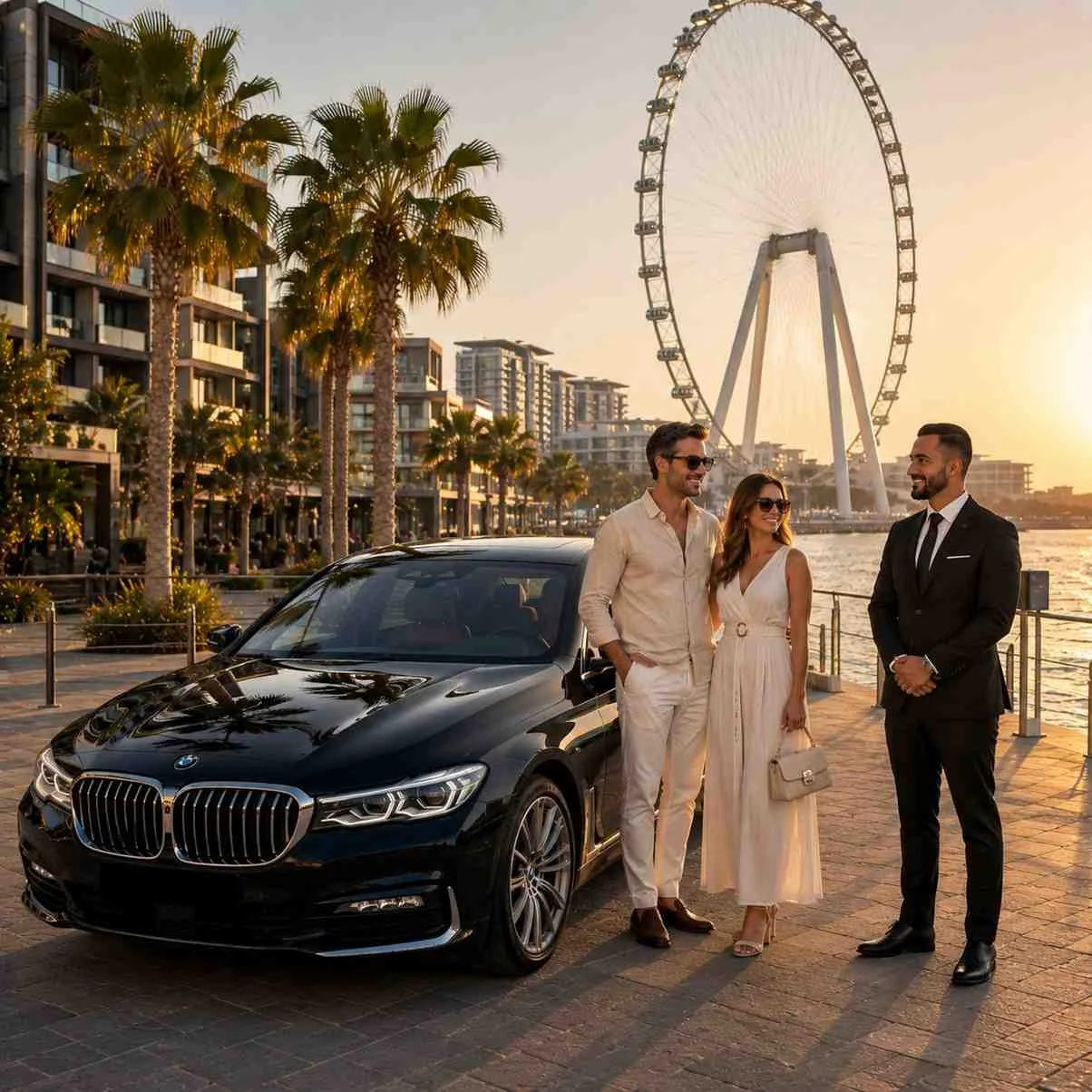 Elegant couple with a professional chauffeur beside a luxury black BMW 5 Series at Bluewaters Island Dubai during golden hour, with Ain Dubai, waterfront promenade, palm trees, and modern luxury residences in the background.