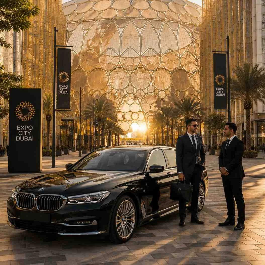 VIP chauffeur service at Expo City Dubai featuring a black BMW 7 Series, a professional chauffeur, and a business executive holding a leather briefcase outside Al Wasl Plaza.