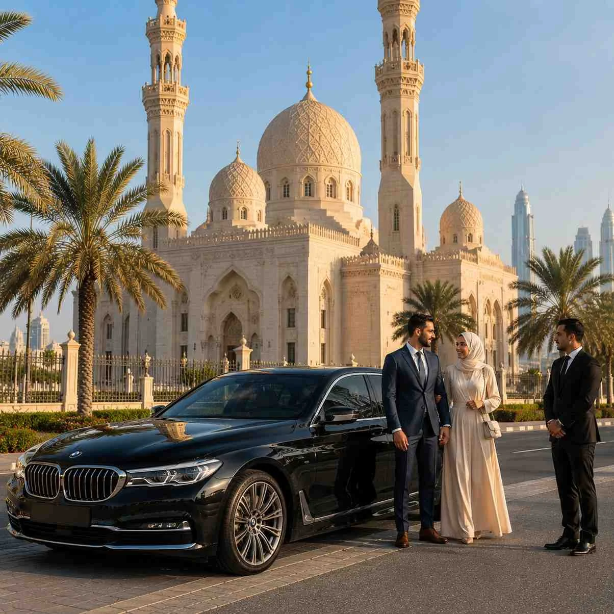 Luxury VIP chauffeur service at Jumeirah Mosque Dubai with black BMW 7 Series, elegant couple, professional chauffeur, and stunning Islamic architecture in the background.