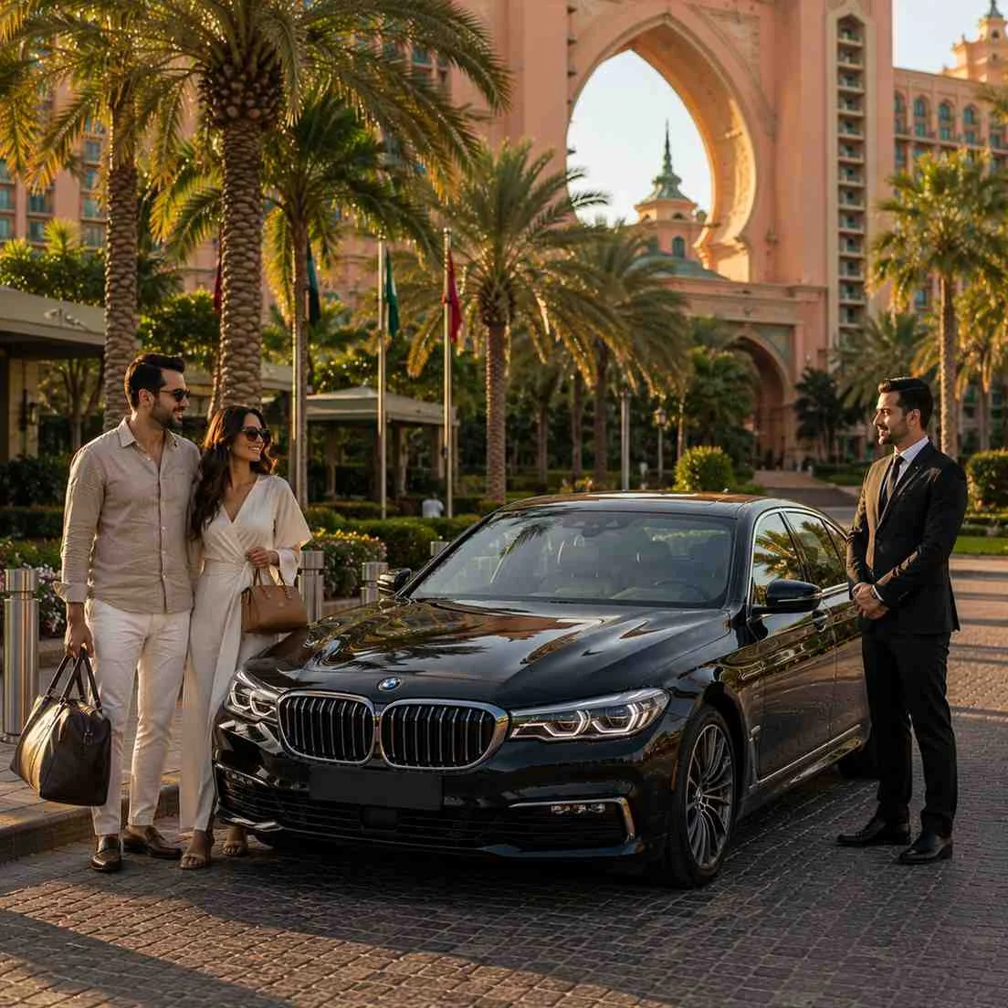 Elegant couple in luxury resort attire with travel bags beside a black BMW 7 Series and professional chauffeur outside Aquaventure Waterpark at Atlantis The Palm, Dubai.